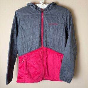 Columbia Fleece Jacket Girls Large 14/16 Hooded Lightweight Pink Gray Zip Front